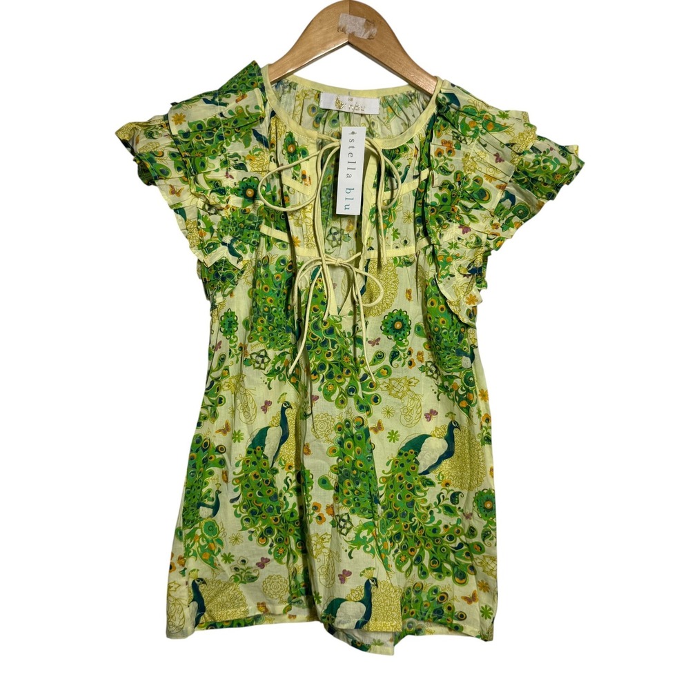 Bindu Stella Blu Peacock Print Cotton Ruffle Sleeve Boho Blouse Green Yellow XS